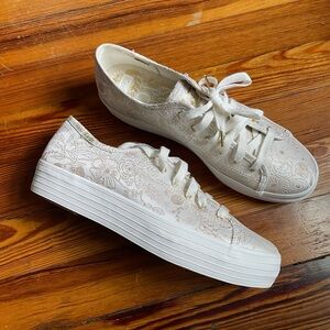 Rifle Paper Co x Keds triple kick ivory and gold